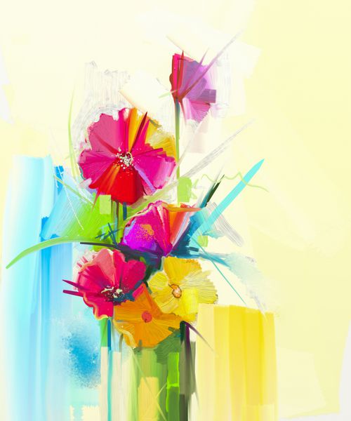 نقاشی روغن نقاشی چکیده گل بهار هنوز هم هنری از دسته گل زرد رنگ قرمز رنگ است Gerbera دیزی و برگ سبز در گلدان پس زمینه زرد و آبی نرم نقاشی دست نقاشی Impressionist گل