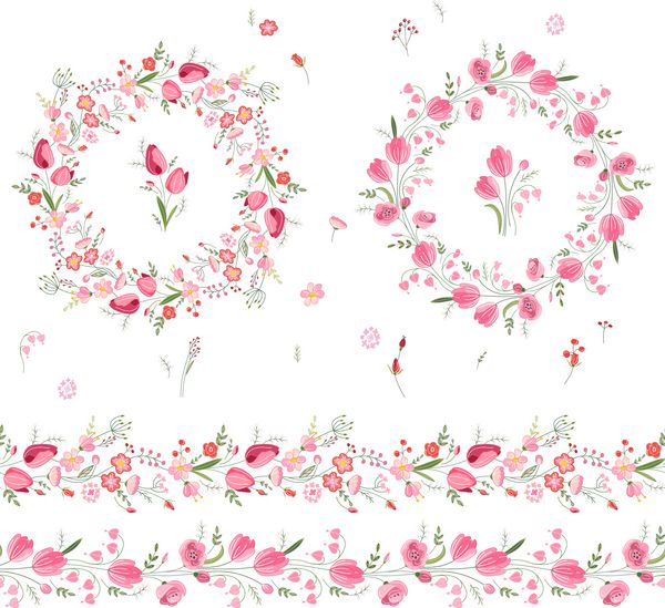 دو گلدان گل گلدان و برس های الگوی بی پایان ساخته شده از گل لاله و گل رز گل برای طراحی عاشقانه و عید پاک دکوراسیون کارت پستال پوستر دعوت عروسی تبلیغات