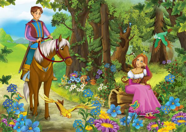 عاشق کارتون سوار بر یک اسب سفید شاهزاده یا شاه تصویر برای کودکان