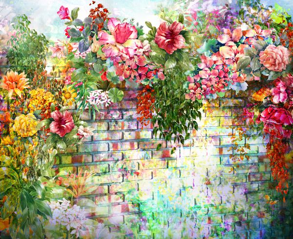 گل های انتزاعی در نقاشی آبرنگ دیوار گل های رنگارنگ بهار