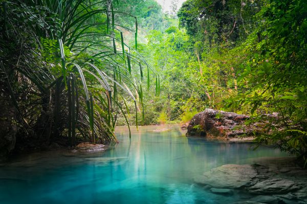 چشم انداز جنگل با جریان آب فیروزه آبشار آبشار Erawan در جنگل بارانی عمیق گرمسیری پارک ملی Kanchanaburi تایلند