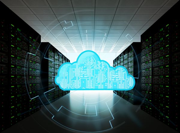 مفهوم ابر رایانه ای که توسط یک اتاق سرور ارائه شده است با مفهوم هولوگرام ارائه ابر