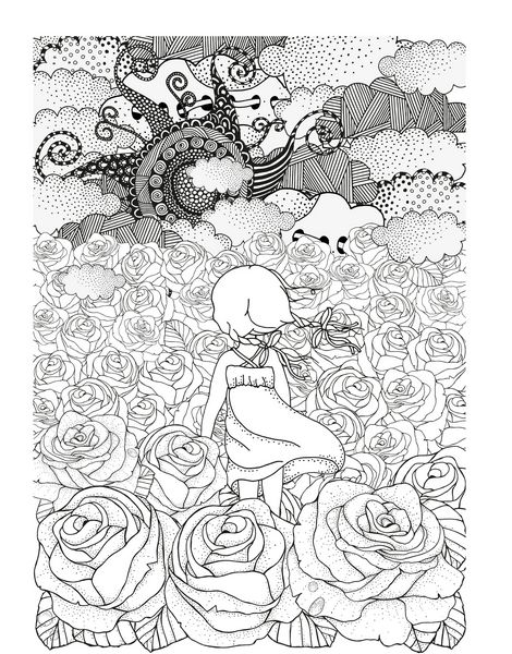 دختر کوچولو به تنهایی بسیاری از گل سرخ سیاه و سفید تصویر انتزاعی فانتزی باد ابرها خورشید تم محیطی الگو برای رنگ آمیزی کتاب گل ابله بردار عناصر طراحی زنتانگ