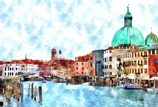 خلاصه آبرنگ نقاشی دیجیتال تولید کانال آب اصلی خانه ها و gondolas در ونیز ایتالیا آبرنگ ونیز نقاشی ونیز شهر ونیز ونیز در ایتالیا کانال در ونیز