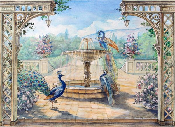 طرح دست کشیده با چشم انداز و طاووس نقاشی آبرنگ طراحی رنگی با چشمه و پرندگان نمای پارک