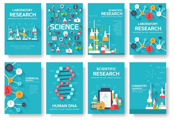 کارت های اطلاعاتی مجموعه قالب آزمایشگاهی از flyear مجلات پوسترها پوشش کتاب آگهی ها مفهوم شیمی در زمینه شیمی طرح بندی الگو قالب با تایپوگرافی