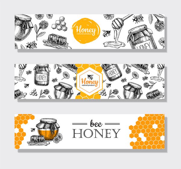 آرم بردار دست کشیده شده عسل تصاویر الگوی تفصیلی دقیق لانه زنبوری گرافیکی زنبور عسل گلدان گل بنر بزرگ پوستر آگهی برای کسب و کار ترویج