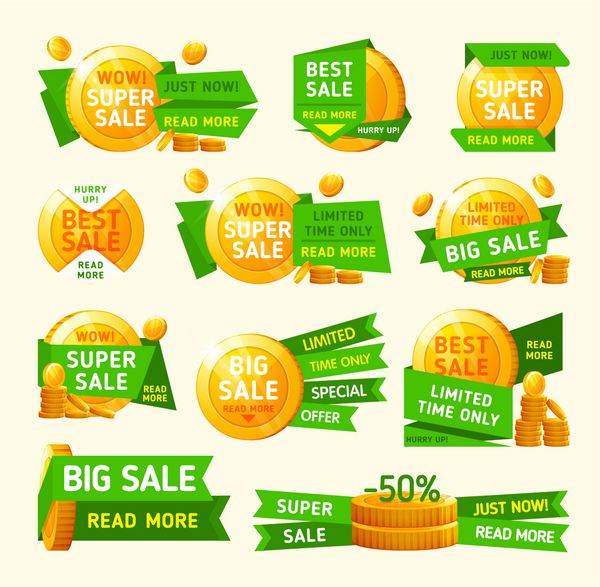 آگهی های سبز با سکه طلا و محل برای متن برای فروش و تخفیف
