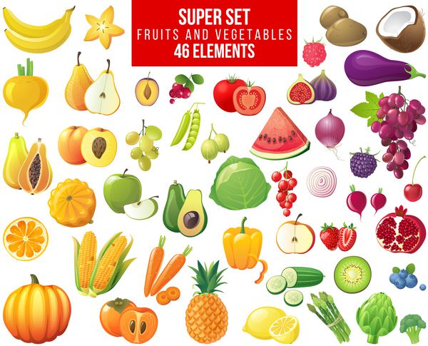 میوه ها سبزیجات و انواع توت ها فوق العاده 46 عنصر