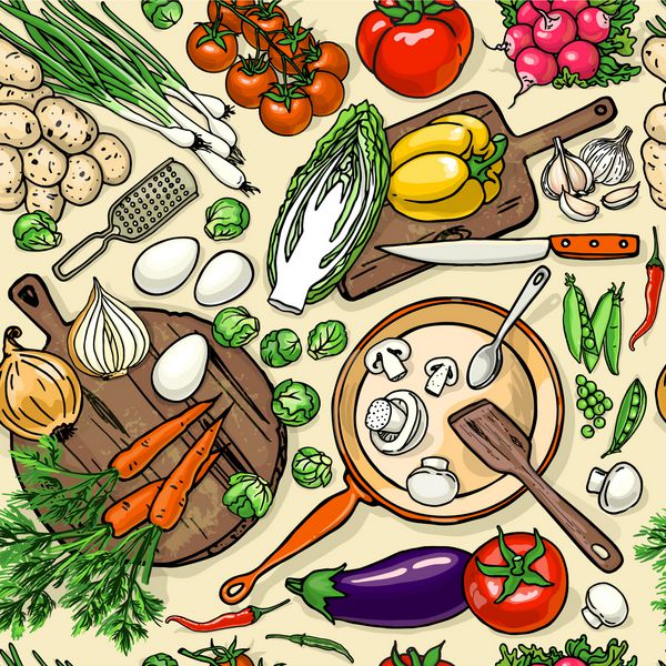 الگوی بدون درز غذاهای گیاهی با سبزیجات و وسایل آشپزی آیتم های رنگارنگ پخت و پز آیتم های پیش زمینه