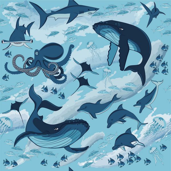 الگوی بدون درز ماهی و جانوران دریایی امواج دریا دلفین ها کوسه ها نهنگ و هشت پا تصویر برداری بردار