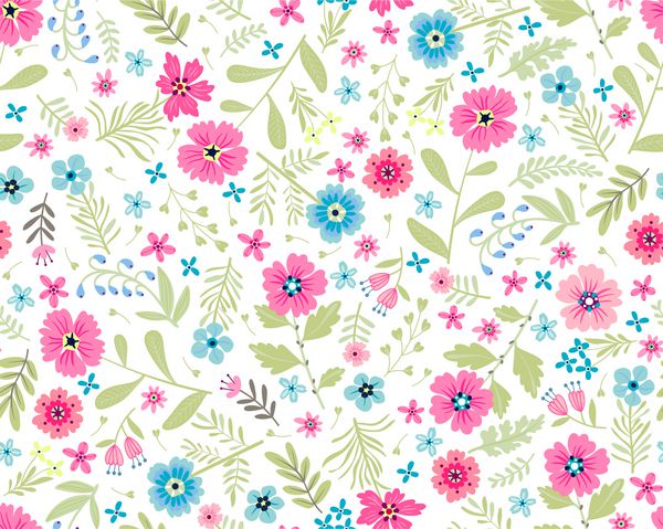 بردار الگوی بدون درز الگوی حرکت در گل کوچک کوچک گل صورتی و آبی پس زمینه سفید پس زمینه گل ditsy ظریف الگو برای مد چاپ می کند