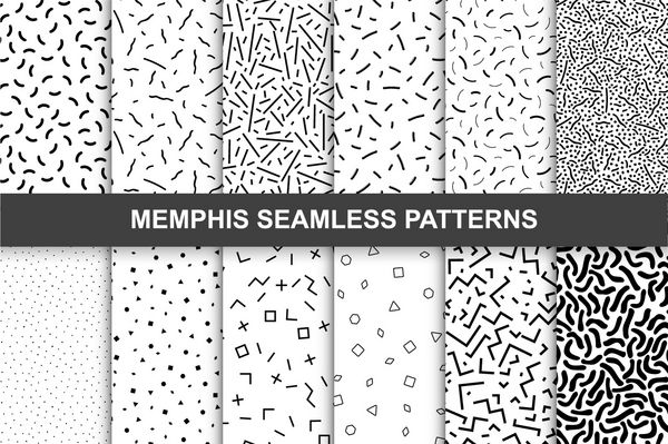 مجموعه ای از نمونه ها ممفیس الگوهای بدون درز مد 80 دهه ۹۰ سیاه و سفید بافت موزاییک