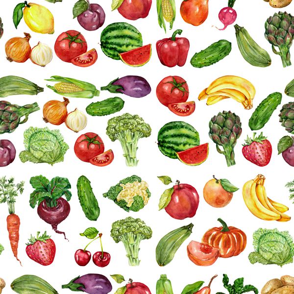 آبرنگ مجموعه ای با میوه ها و سبزیجات