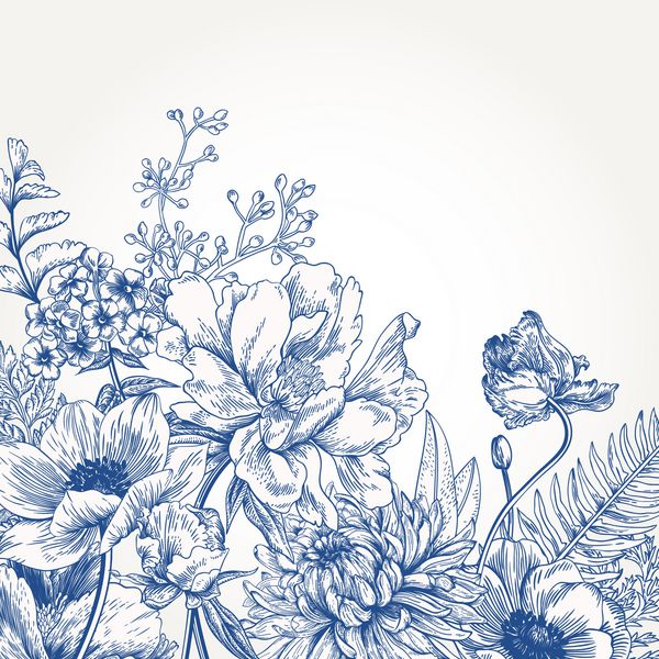 پس زمینه گل با گل های پرنعمت تصویر بردار گیاهی گل داودی گل لاله گل صد تومانی شقایق ضهليس سرخس چوب شمشاد عناصر طراحی گل های آبی