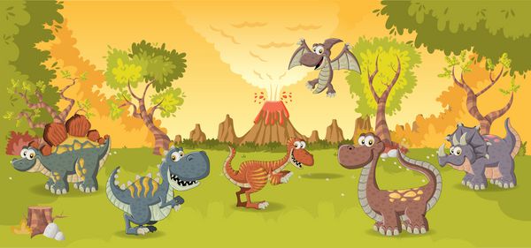 جنگل با آتشفشان و دایناسورهای کارتونی خنده دار چشم انداز طبیعت ماقبل تاریخ
