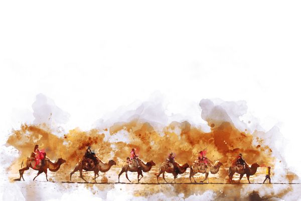 شتر و مردم در جاده ابریشم تصویر آبرنگ