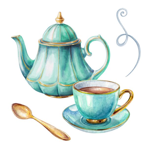 تصویر آبرنگ فنجان چای قوری قاشق جدا شده بر روی زمینه سفید
