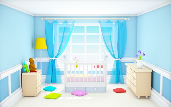 اتاق خواب نوزاد آبی با کابینت در سبک کلاسیک تصویر 3D