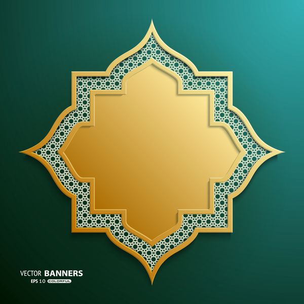 چكيده 3D طلایی هندسی شکل با طراحی اسلامی در زمینه سبز تیره