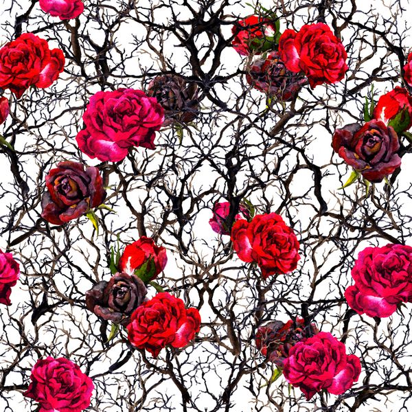 گل رز و شاخه الگوی بدون درز آب رنگ