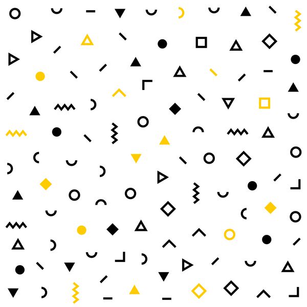 بردار الگوی جدید با سیاه و سفید زرد اشکال هندسی خط مربع مثلث دایره شکل بدون درز یکپارچهسازی با سیستمعامل 80s 90s الگوی