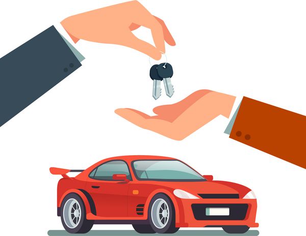خرید یا اجاره جدید و یا استفاده می شود قرمز و سریع خودرو ورزش فروشنده دادن کلید های زنجیره ای به دست خریدار تصویر بردار سبک مدرن تخت جدا شده در پس زمینه سفید