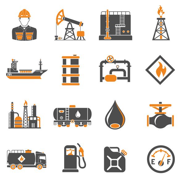 تولید نفت و فرآورده های نفتی و حمل و نقل نفت و بنزین دو رنگ آیکون مجموعه با نفتکار ماشین آلات و بشکه جدا شده بردار تصویر