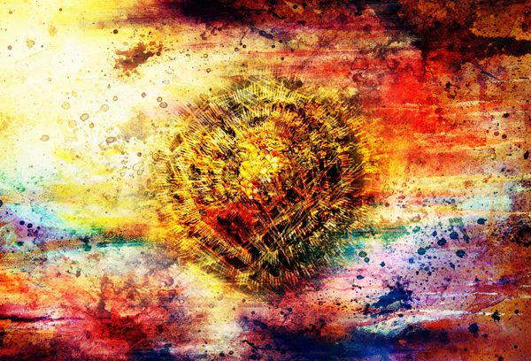 ماندالای زیبا گرافیک زینتی نماد خورشید در پس زمینه انتزاعی رنگارنگ است
