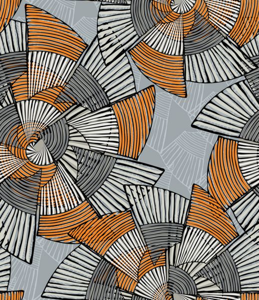 پین چرخش های راه راه بزرگ خاکستری و نارنجی هندی کشیده شده با جوهر بدون درز پس زمینه طراحی خلاق دستباف رنگ آمیزی برای پارچه یا پارچه الگوی هندسی با شکلهای دایره ای راه راه