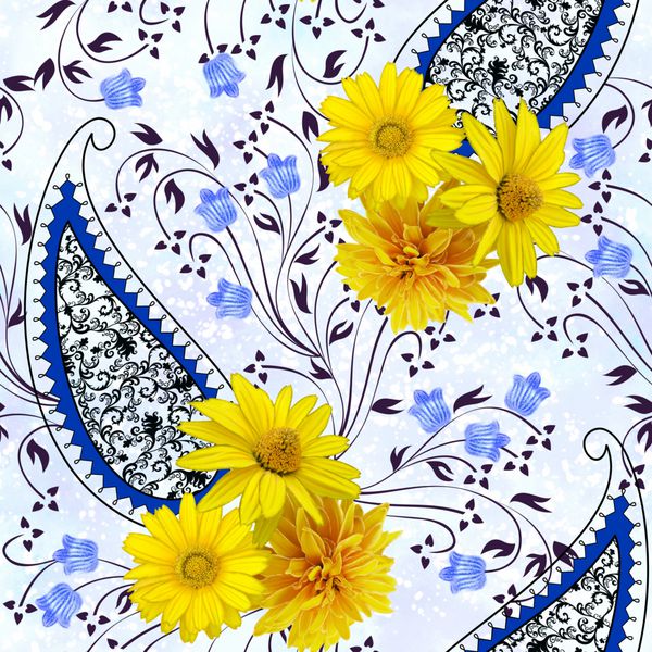 متناقض الگوی بدون درز با پریسی سیاه و سفید آجری تزئین گل های زرد بزرگ و زرق و برق دار کوچک