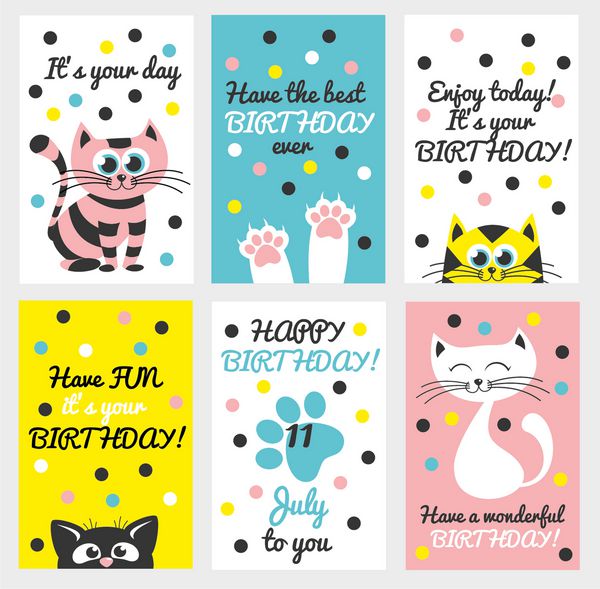 مجموعه ای از 6 کارت زیبا کارت های زیبا با طراحی تم تولدت مبارک کارت قرعه کشی برای روز تولد سالگرد دعوت های حزبی اسکاربوکینگ تصویر برداری