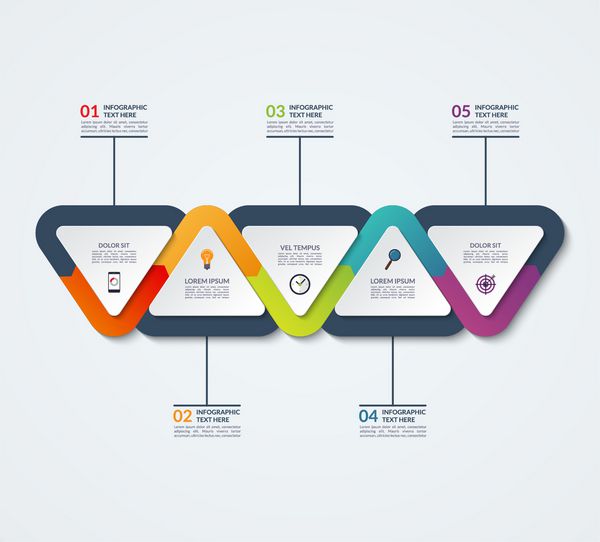 قالب Infographic از عناصر مثلثی مفهوم کسب و کار با 5 گزینه مراحل قطعات بخش بنر بنر برای وب infographics جدول زمانی طرح گردش کار نمودار نمودار گزارش سالیانه