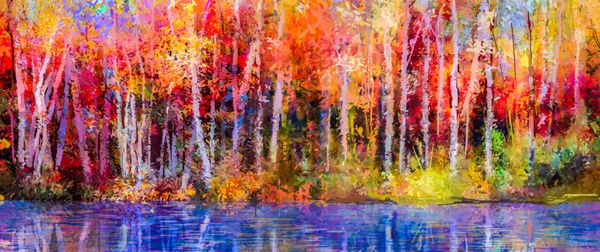نقاشی رنگ روغن درختان پاییز تصویر نیمه انتزاعی از جنگل درختان آسپن با برگ زرد و قرمز و دریاچه پاییز فصل پاییز فصل طبیعت دست نقاشی امپرسیونیست چشم انداز در فضای باز