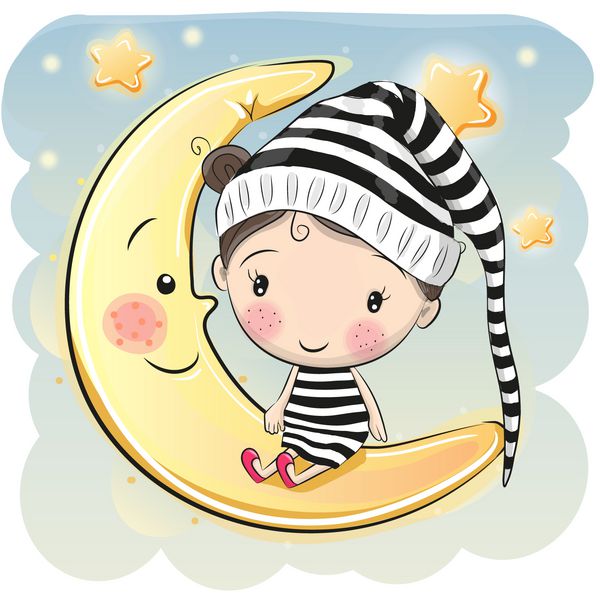 دختر کارتون ناز بر روی ماه نشسته است