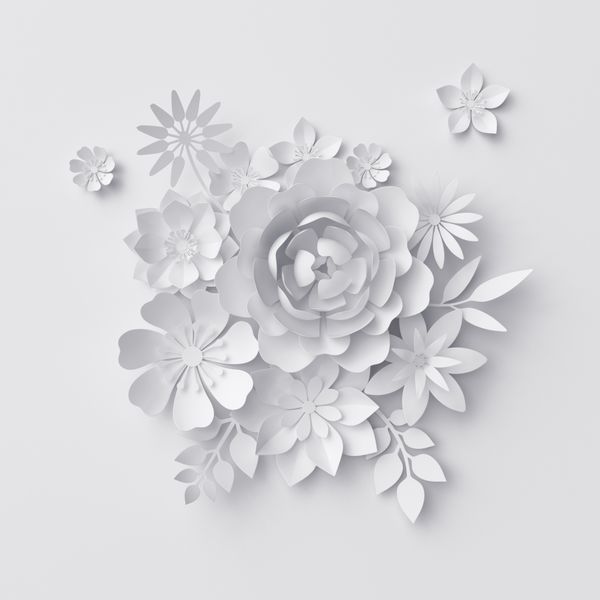 رندر 3D تصویر دیجیتال پس زمینه گل کاغذ سفید دکوراسیون عروسی دسته گل عروس قالب کارت تبریک دکور دیوار گل