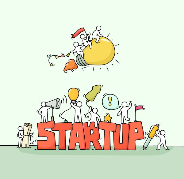 کاریکاتور کار با افراد کمی با کلمه StartUp دودل صحنه مینیاتوری زیبا از کارگران با ایده لامپ پرواز تصویر برداری بردار کارتون برای طراحی کسب و کار