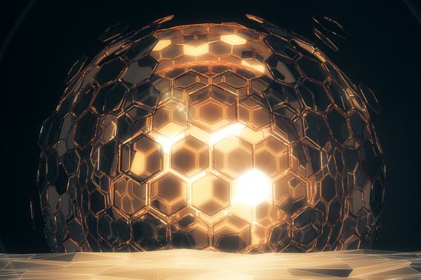 چکیده سلول کروی طلایی در پس زمینه تاریک مفهوم فناوری رندر 3D