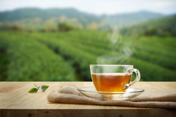 فنجان چای با برگ چای سبز بر روی میز چوبی و پس زمینه چای چای