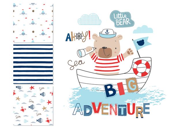 خرس دریایی و 3 الگوهای بدون درز تصویر برداری کارتونی می توان برای لباس بچه ها استفاده کرد استفاده برای چاپ طراحی سطح لباس مد