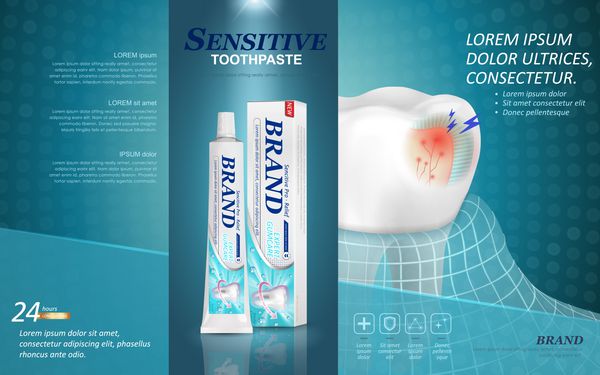 تبلیغات خمیر دندان حساس خمیر دندان طولانی مدت برای درمان دندان با دندان و بسته بندی محصول جدا شده بر روی پس زمینه آبی رنگی در 3D تصویر