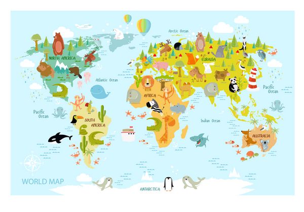 نقشه برداری جهان با حیوانات کارتونی برای بچه ها اروپا آسیا آمریکای جنوبی آمریکای شمالی استرالیا آفریقا شیر تمساح کانگورو کوالا نهنگ خرس فیل کوسه مار توکان
