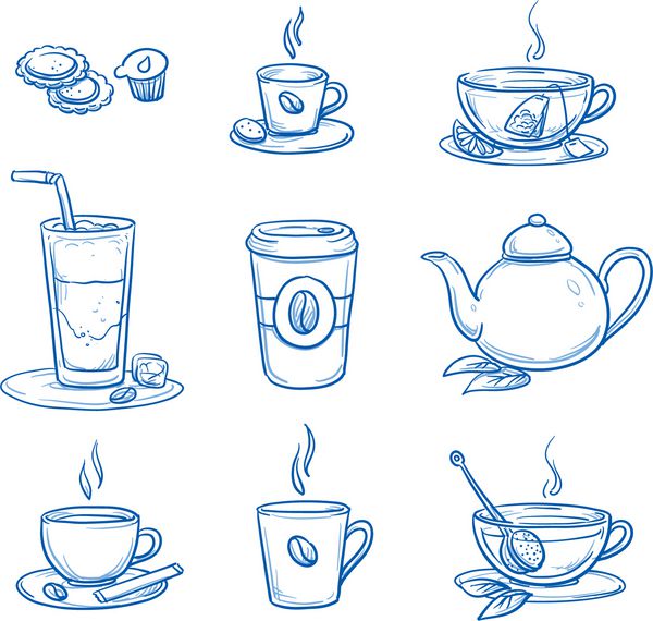 آیکون مجموعه ای از انواع مختلف چای و قهوه در فنجان ها و عینک ها یک ظرف چای و قهوه به آن تصویر برداری دست کشیده هندسه دودل