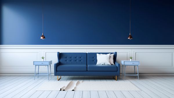 داخلی مدرن اتاق نشیمن با صندلی بر روی کف پوش سفید و دیوار آبی تیره اتاق رعد و برق رندر 3d