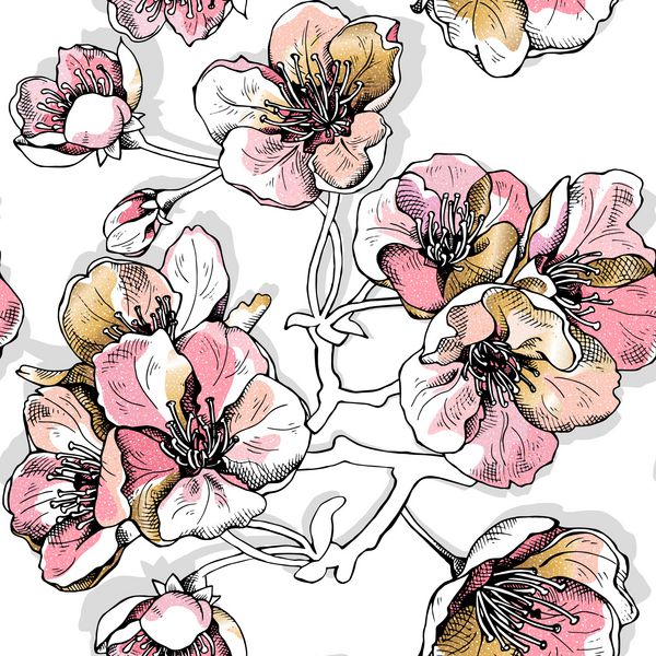 الگوی بدون درز با گل های صورتی نرم و صورتی گیاهی در زمینه سفید تصویر برداری