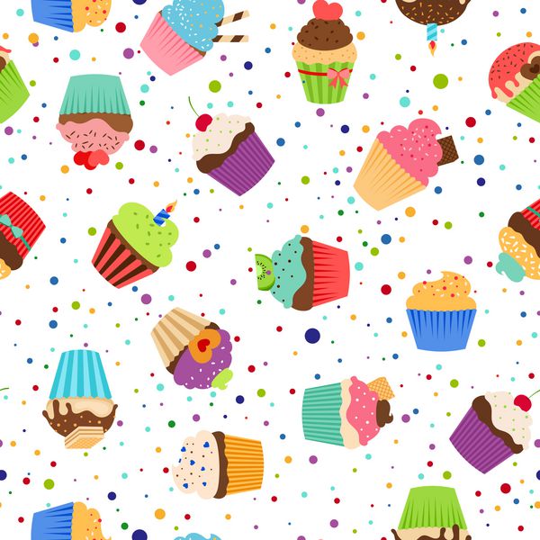 الگوی رنگارنگ با کیک های شیرین در پس زمینه سفید نقطه تصویر برداری