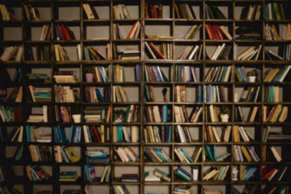 پس زمینه یک قفسه بزرگ روی دیوار است بسیاری از کتاب ها در کنار هم هستند پس زمینه مبهم محل قرار دادن متن