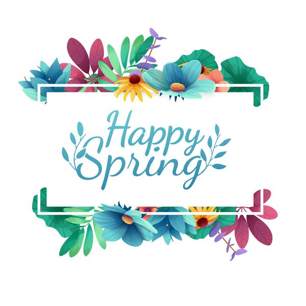 بنر طراحی با آرم Happy Spring کارت برای فصل بهار با قاب و گیاه سفید پیشنهاد تبلیغاتی با گیاهان بهاره برگ و دکوراسیون گل ها بردار