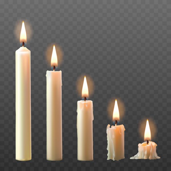 مجموعه ای از مجموعه ای از شمع واقعی سوخته سفید جدا شده بر روی زمینه ای شفاف