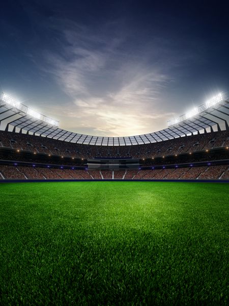 استادیوم در غروب آفتاب با طرفداران مردم تصویر 3D رندر آبی آسمان